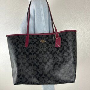 Coach Signature Canvas 5696 City Tote Bag In IM/Brown/Black Cherry-Large